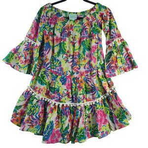 True Destinations Floral Off-Shoulder Bell Sleeve Pom Pom Hem Dress Sz XS